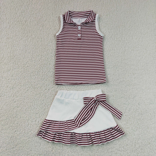 Baby Girls Dark Red Stripes Buttons Tops Ruffle Shorts Skirt Yoga Clothes Set