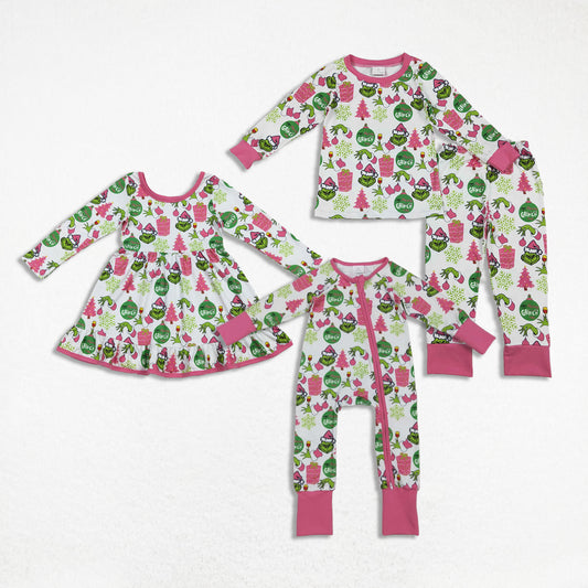 Sibling Girls Kids Long Sleeves Green Face Tree Christmas Zipper Romper Dress Set RTS