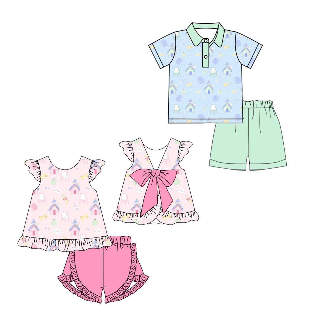 ( Moq 5 Each Style ) Sibling Baby Boys Girls Short Sleeves Shirts Shorts Back to School Sets