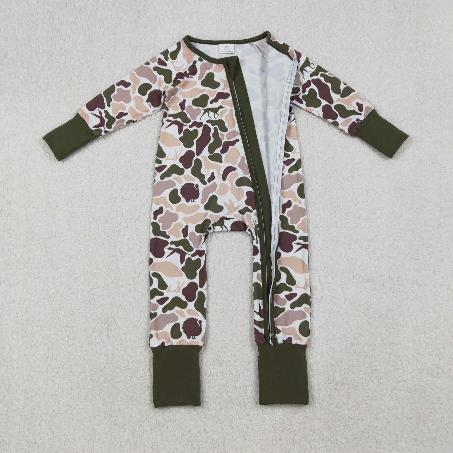 Baby Boy Infant Long Sleeves Ducks Dogs Camo Hunting Zipper Romper RTS