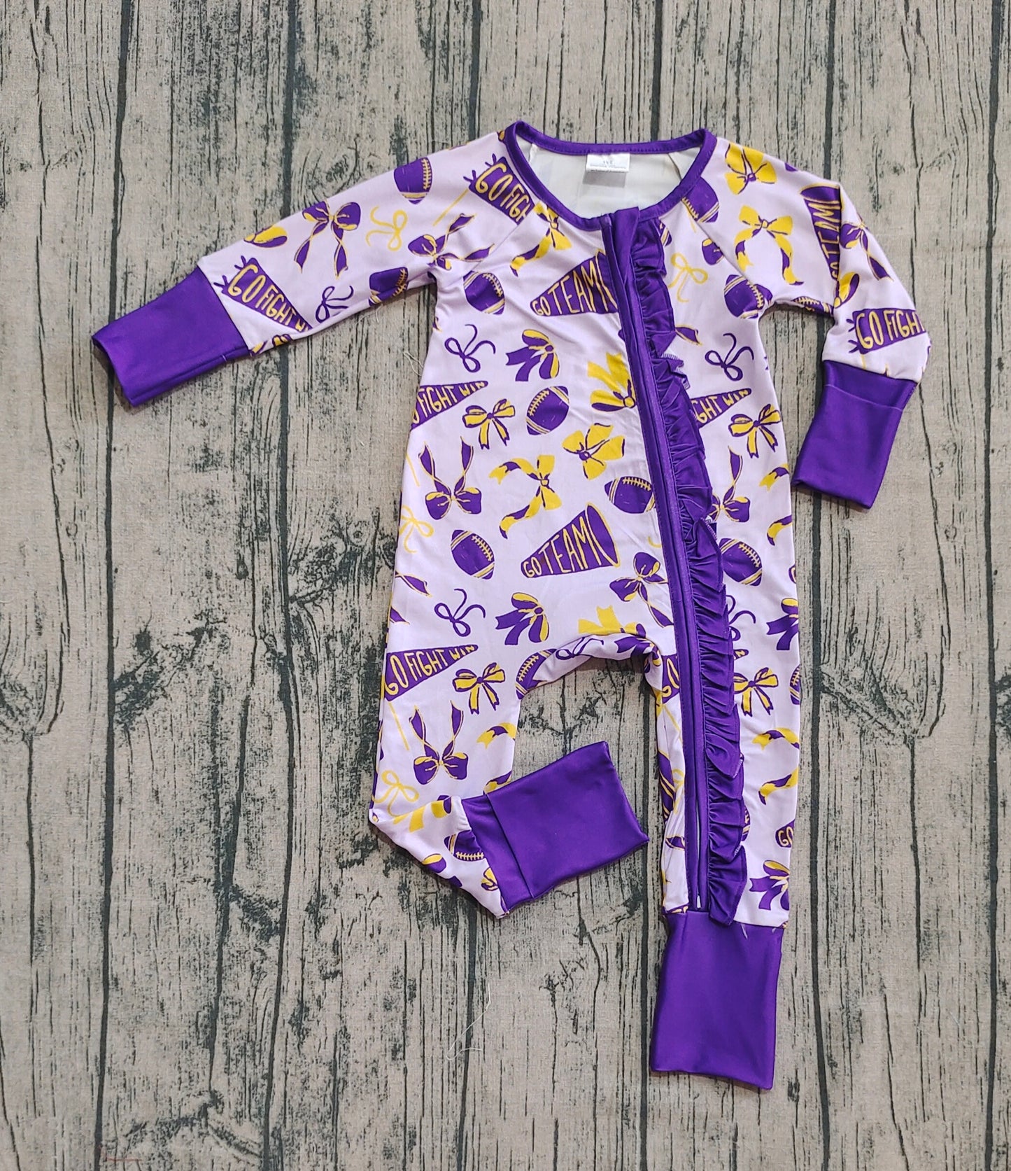 ( No moq ) Preorder Baby Girl Long Sleeves Football Bows Team Cheer Purple Zipper Romper