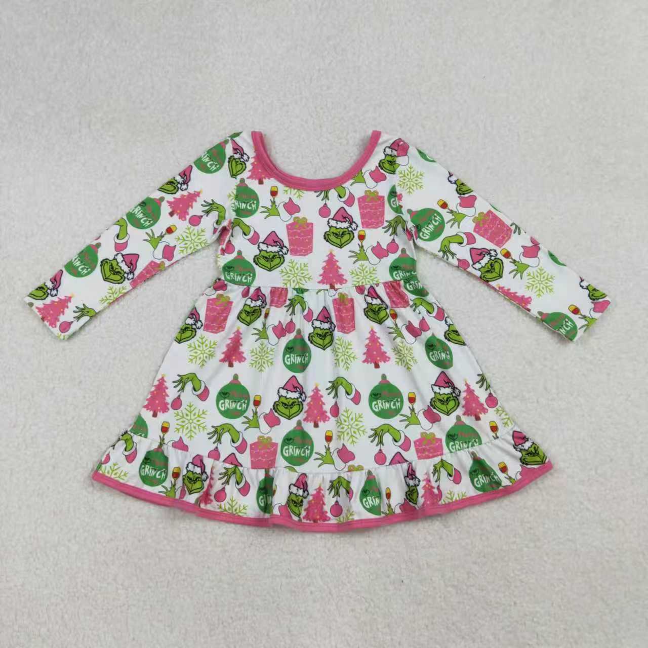 Sibling Girls Kids Long Sleeves Green Face Tree Christmas Zipper Romper Dress Set RTS