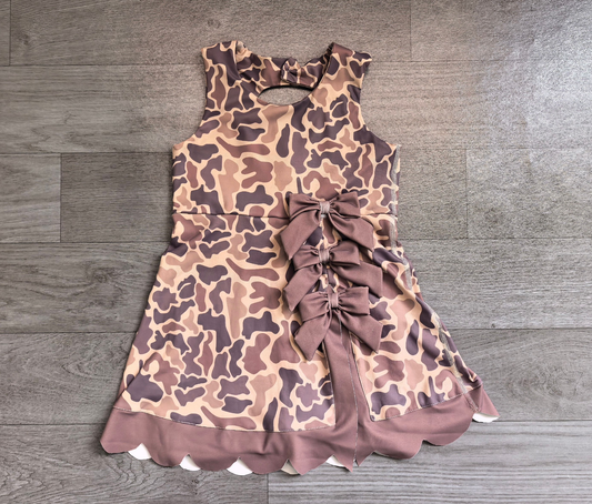( No moq ) Preorder Baby Girls Kids Sleeveless Camo Bows Shorts Scallop Dress Yoga Active Clothes