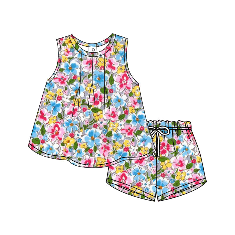 Baby Girl Sleeveless Flower Tops Shorts Summer Set ( Moq 5 )12.9