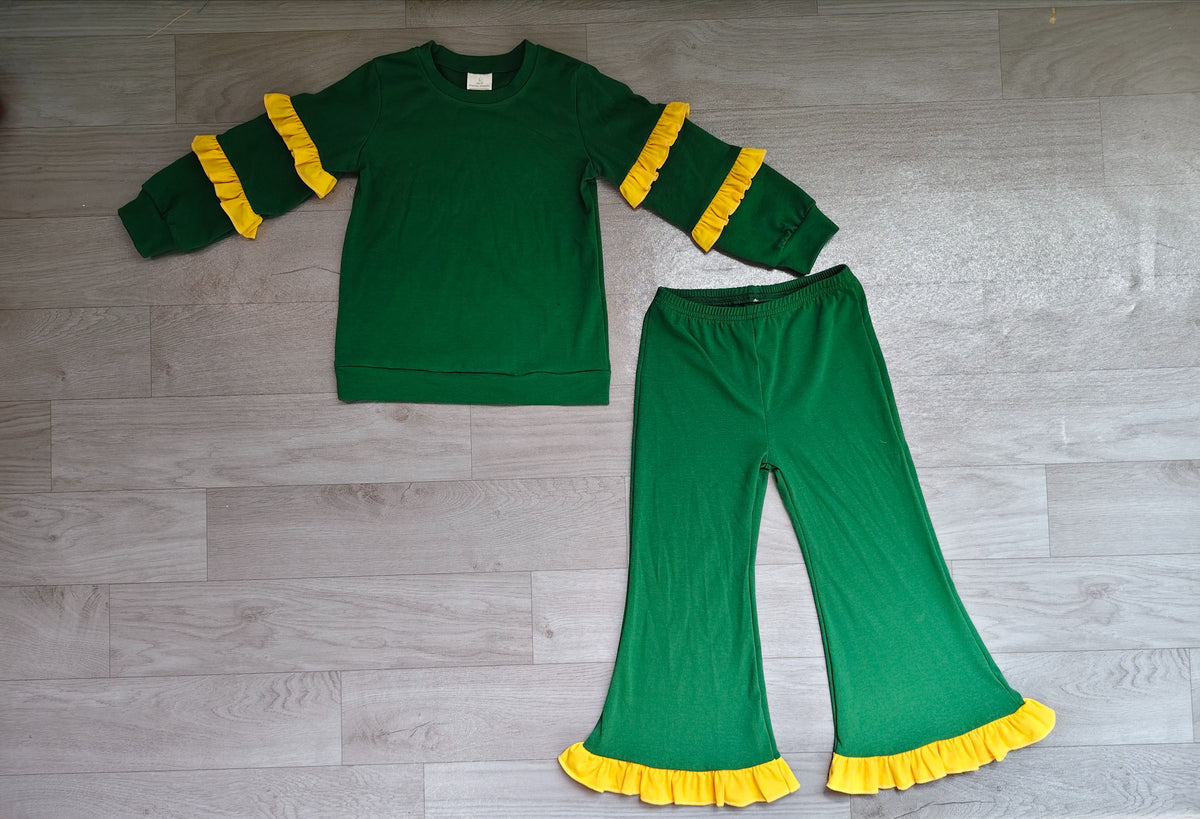 ( No moq ) Preorder Baby Girls Kids Yellow Ruffle Long Sleeves Shirt Pockets Pants Cotton Set Green Clothes