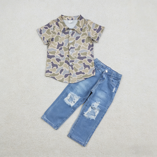Baby Boys Toddler Short Sleeves Dogs Camo Buttons Shirt Denim Jeans Pants Set RTS