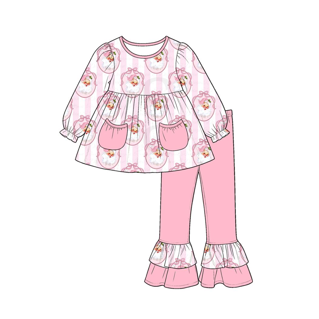 ( Moq 5 ) Preorder Baby Girl Kids Christmas Santa Bows Stripes Pockets Tunic Pink Pants Set Clothes
