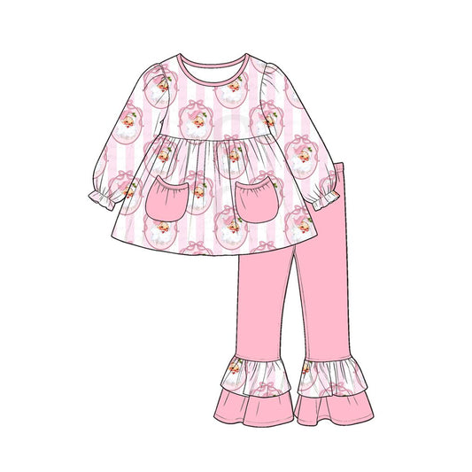 ( Moq 5 ) Preorder Baby Girl Kids Christmas Santa Bows Stripes Pockets Tunic Pink Pants Set Clothes