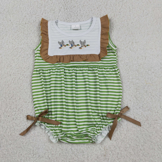 Baby Girls Kids Embroidery Ducks Green Stripes Bubble Bows Romper RTS