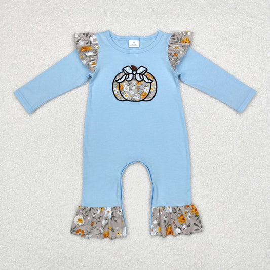 Baby Girl Long Sleeves Blue Floral Embroidery Pumpkin Bow Romper