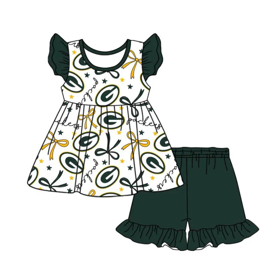 Baby Girl Short Sleeves Team G Bows Tunic Green Shorts Clothes Set ( Moq 5 )