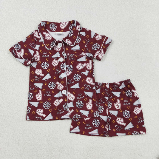 Baby Girl Shot Sleeves Football Stars Cheer Buttons Shirt Short Pajamas Team Red Set RTS