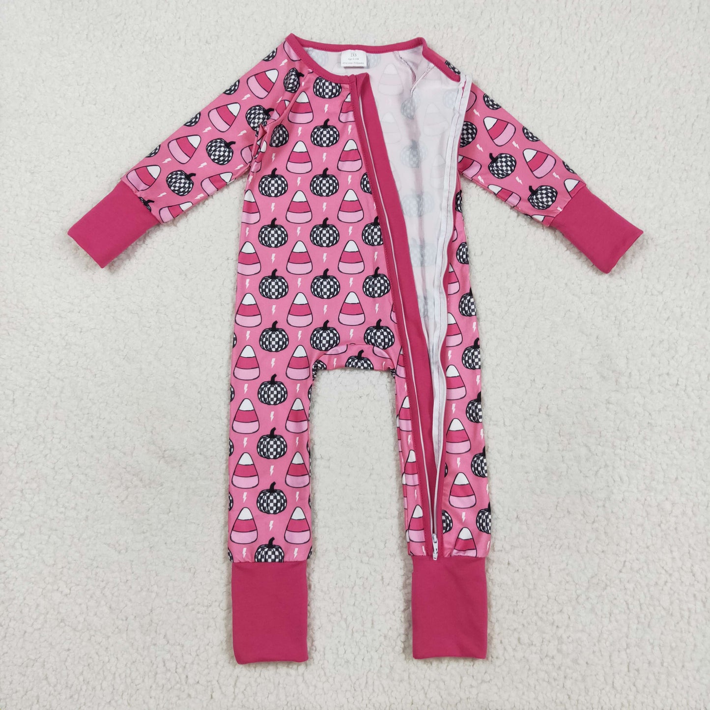 Baby Girl Long Sleeves Pumpkins Candy Corn Zipper Halloween Pink Romper RTS