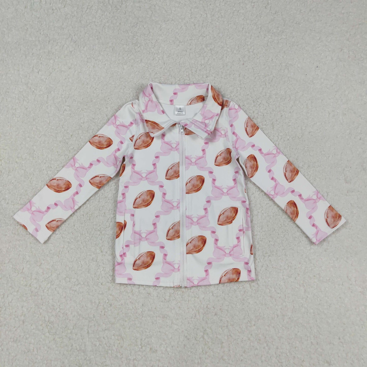 Baby Girl Long Sleeves Pink Bows Football Pockets Zipper Yoga Active Pullover Shirt RTS