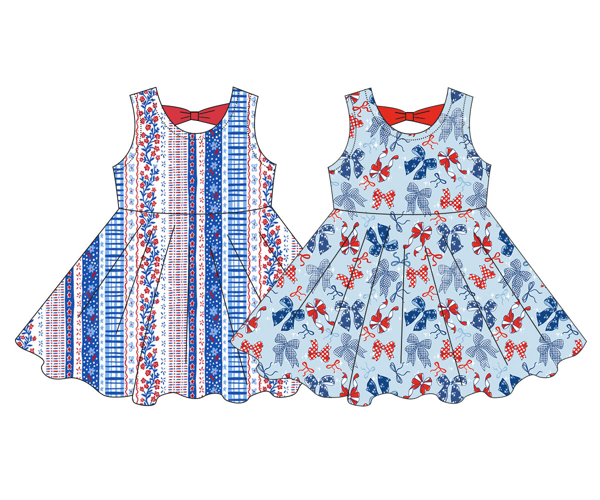 ( Moq 5 Each Style ) Sibling Baby Girls Kids Sleeveless Flower Bows 4th of July Knee Length Dresses