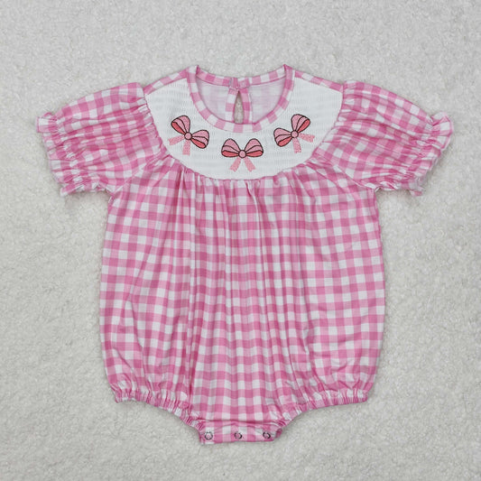 Baby Girl Infant Short Sleeves Pink Plaid Bows Smocked Embroidery Bubble Romper