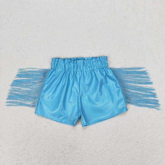 Baby Girl Summer Blue Tassel Leather Shorts