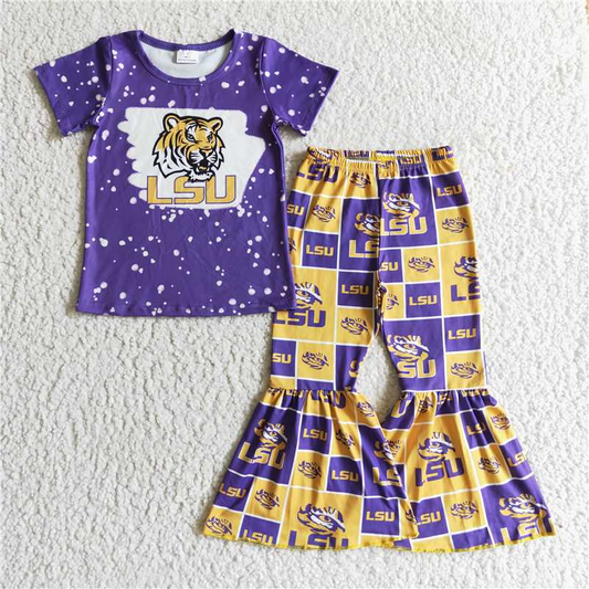 Promotion Baby Girl Short Sleeves Tiger Purple Shirt Bell Pants Team Outfit RTS