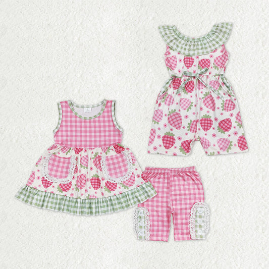 Sibling Baby Girls Kids Sleeveless Strawberry Flower Plaid Shorts Set Jumpsuit RTS