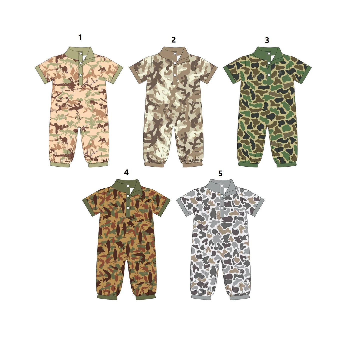 ( Moq 5 Each Style ) Baby Boys Infant Short Sleeves Camo Print Buttons Sibling Rompers