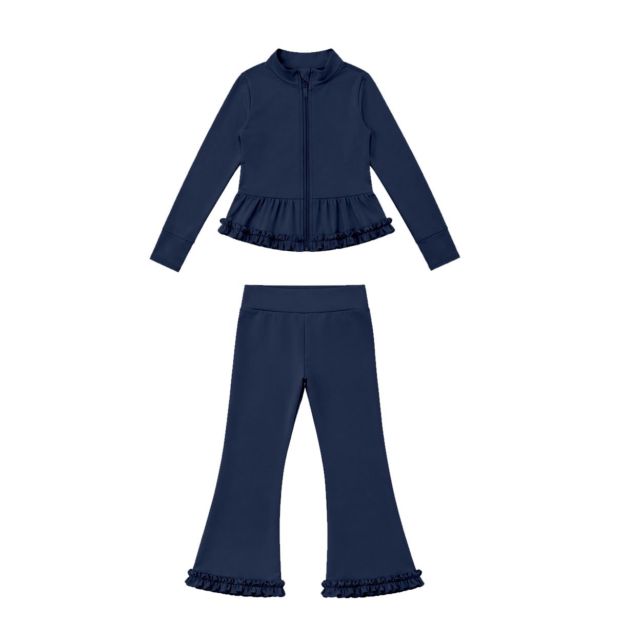 ( Moq 5 ) Preorder Baby Girls Kids Zipper Ruffle Cardigan Tops Pants Navy Set Yoga Active Clothes
