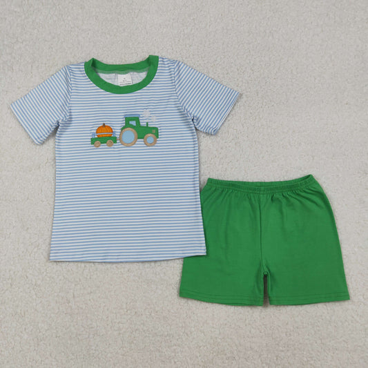 Baby Boy Short Sleeves Embroidery Pumpkin Tractor Stripes Shirt Green Shorts Set RTS