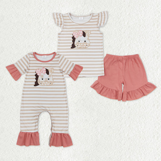 Sibling Baby Girls Short Sleeves Embroidery Horses Bows Stripes Western Romper Set Clothes RTS