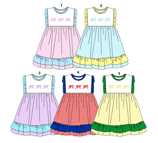 ( Moq 5 Each Style ) Sibling Baby Girls Kids Short Sleeves Bows Ruffle Knee Length Dresses