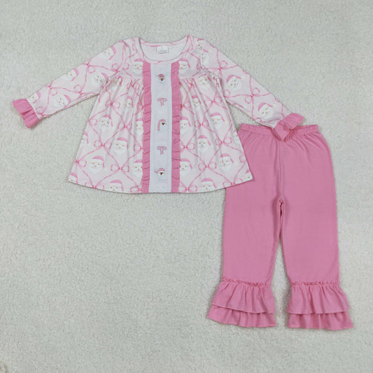 Baby Girl Long Sleeves Embroidery Bows Santa Tunic Pink Pants Christmas Set RTS