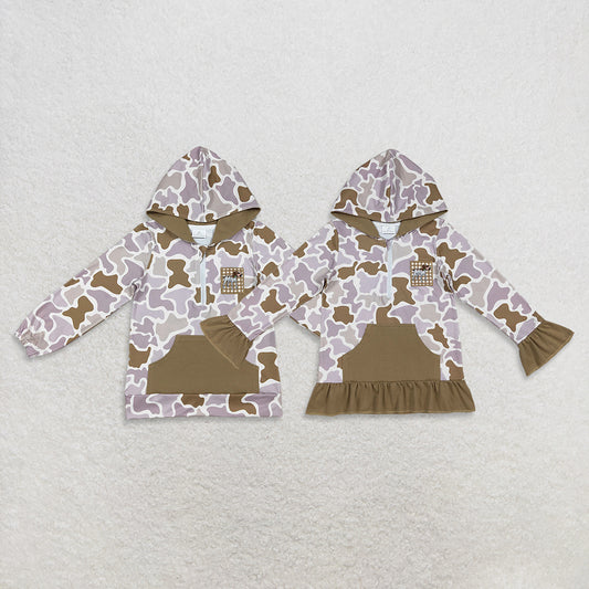 Sibling Baby Boys Girls Long Sleeves Embroidery Dog Hoodie Zipper Khaki Camo Shirt RTS