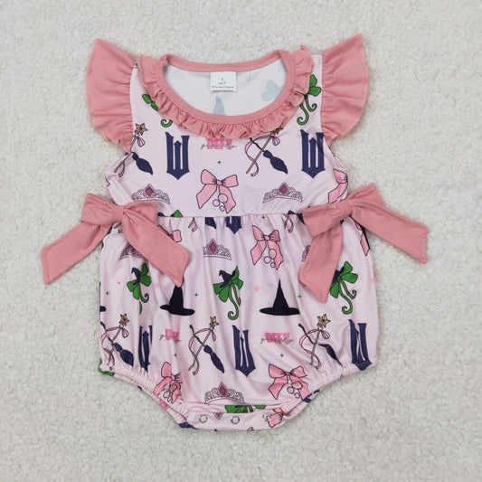 Baby Girl Infant Short Sleeves Princess Pink Bows Bubble Romper RTS