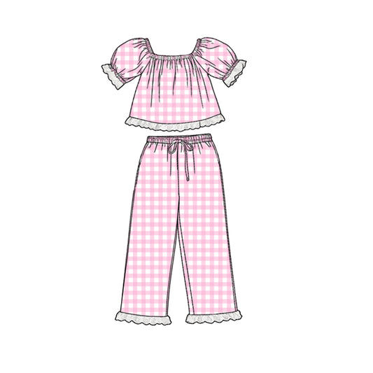 ( Moq 5 ) Preorder Baby Girls Kids Short Sleeves Pink Plaid Lace Tops Pants Clothes Set