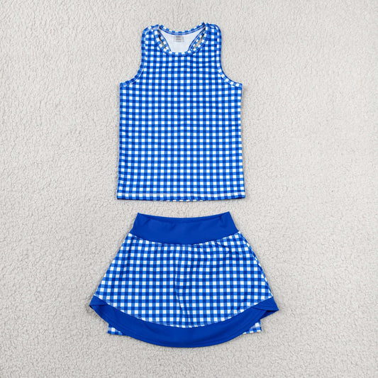 Baby Girls Kids Sleeveless Blue Plaid Tops Shorts Skirt Yoga Active Clothes Set RTS