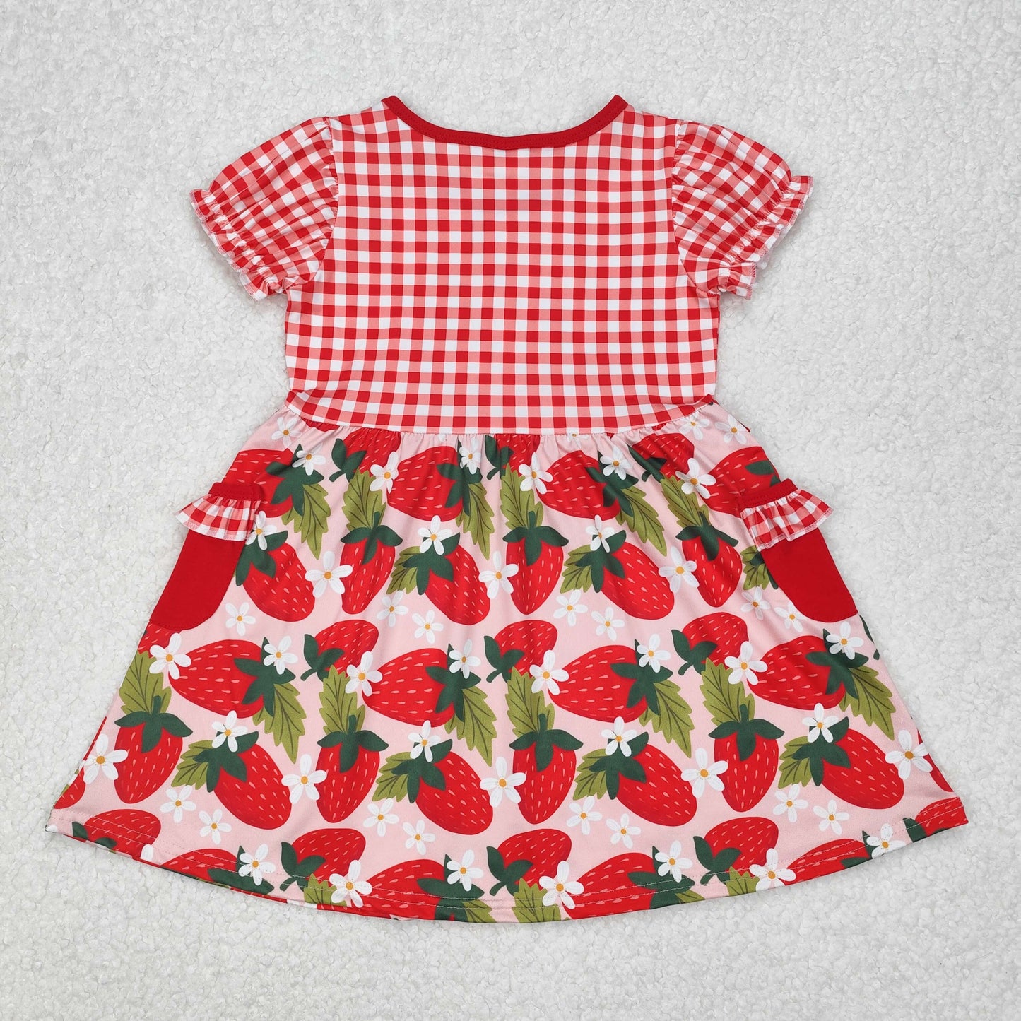 Baby Girl Short Sleeves Red Plaid Strawberry Knee Length Pocket Dress RTS