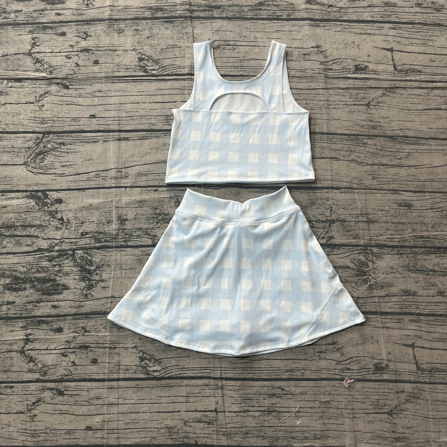 ( No moq ) Preorder Baby Girls Kids Blue Plaid Tops Skirt Shorts Yoga Summer Set