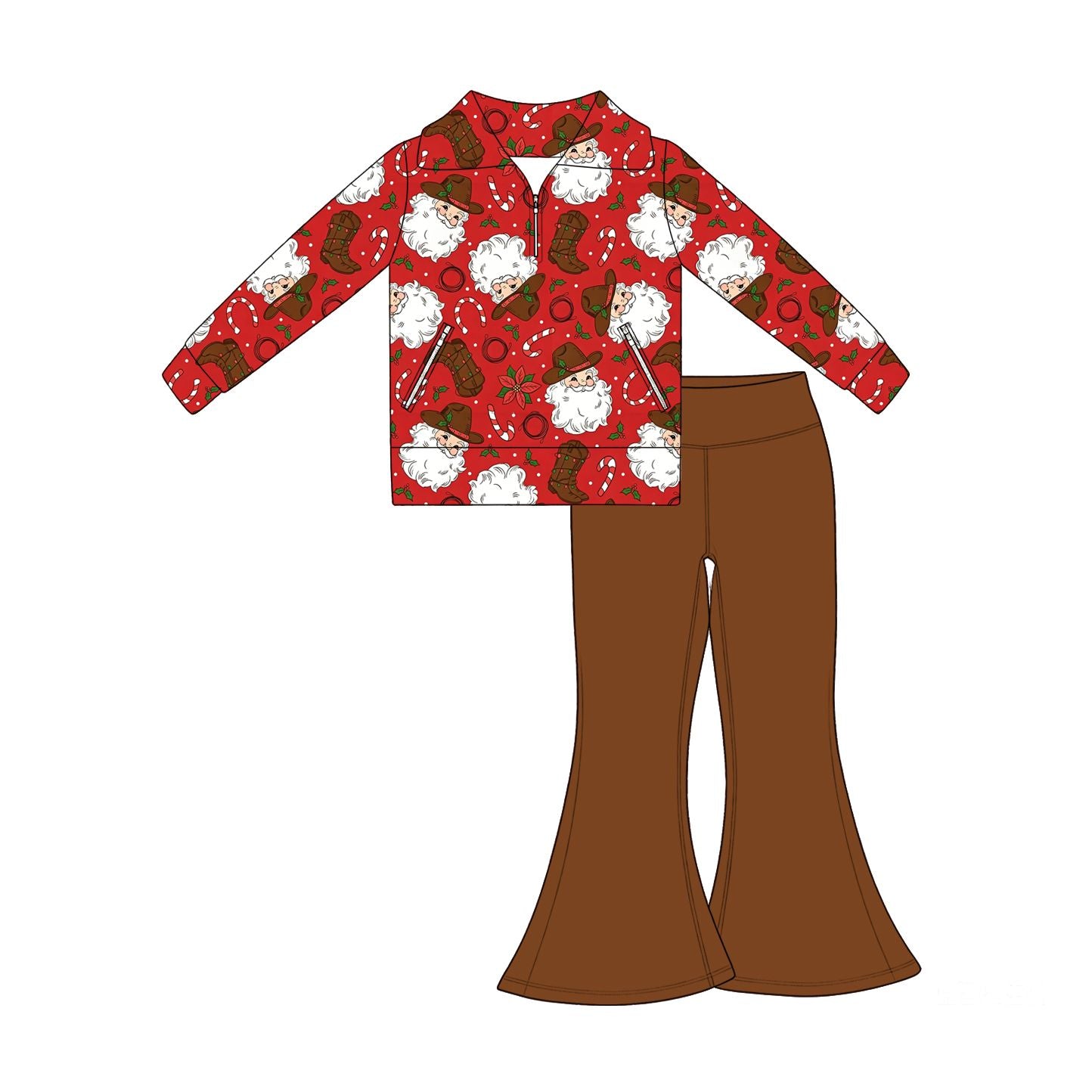 ( Moq 5 ) Preorder Baby Girls Kids Christmas Santa Zipper Pockets Tops Brown Pants Set Clothes