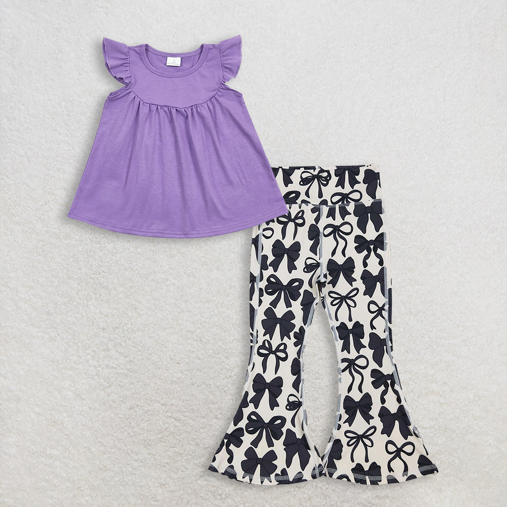 Baby Girls Kids Short Sleeves Purple Tunic Black Bows Bell Pants Set Clothes RTS