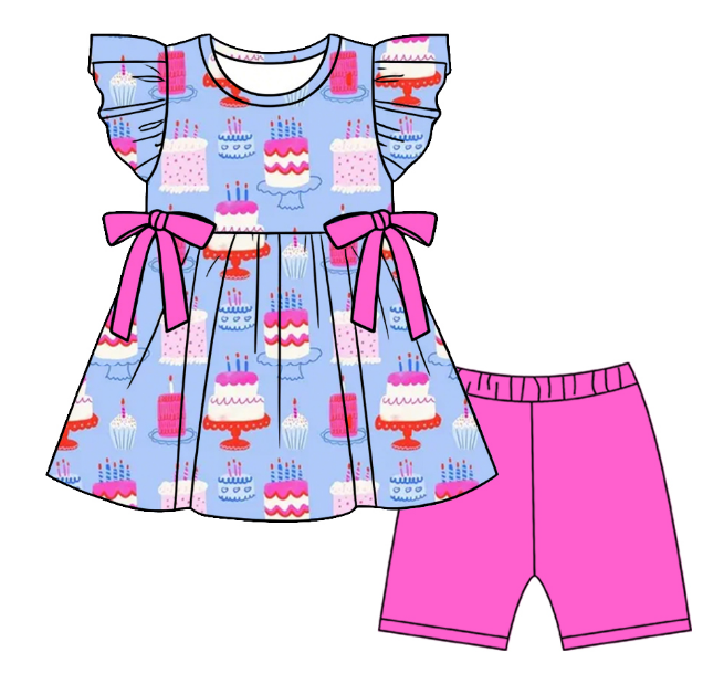 ( Moq 5 ) Baby Girls Toddler Short Sleeves Cakes Birthday Tops Pink Shorts Summer Set