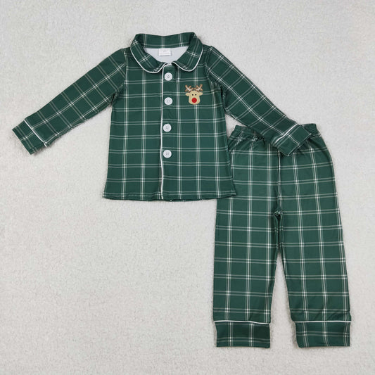 Baby Boy Long Sleeves Christmas Embroidery Deer Plaid Buttons Shirt Pants Green Pajamas Set RTS