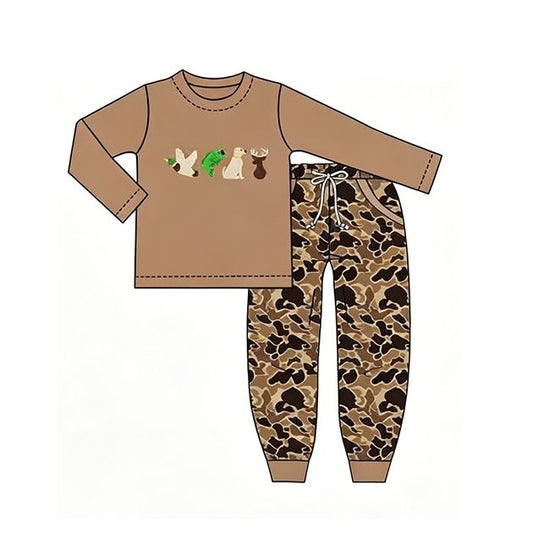( Moq 5 ) Preorder Baby Boys Kids Long Sleeves Dogs Ducks Deer Shirt Pockets Camo Pants Set Clothes