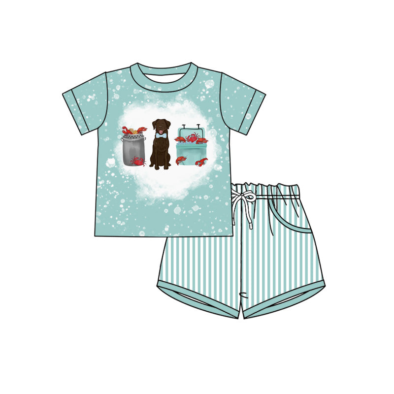 ( Moq 5 ) Preorder Baby Boys Kids Dog Crawfish Shirt Green Stripes Pockets Shorts Set Summer Clothes