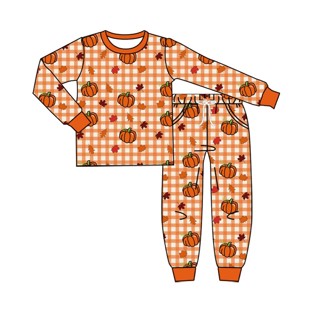 ( Moq 5 ) Preorder Baby Boys Kids Long Sleeves Pumpkins Orange Plaid Shirt Pockets Pants Set Fall Clothes