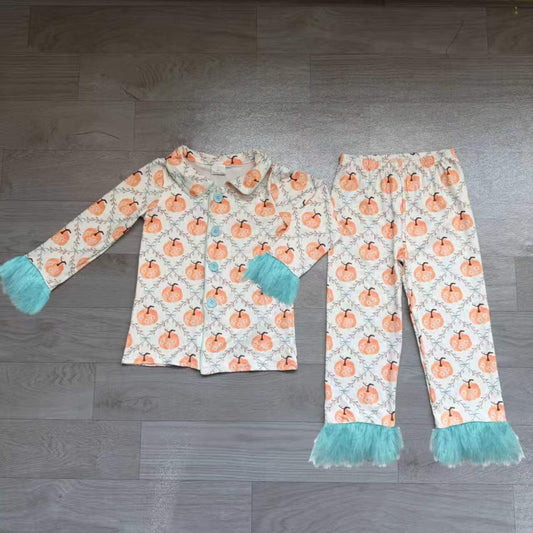 ( No moq ) Preorder Baby Girls Kids Fur Long Sleeves Flower Pumpkins Buttons Shirt Pants Fall Pajamas Set Clothes