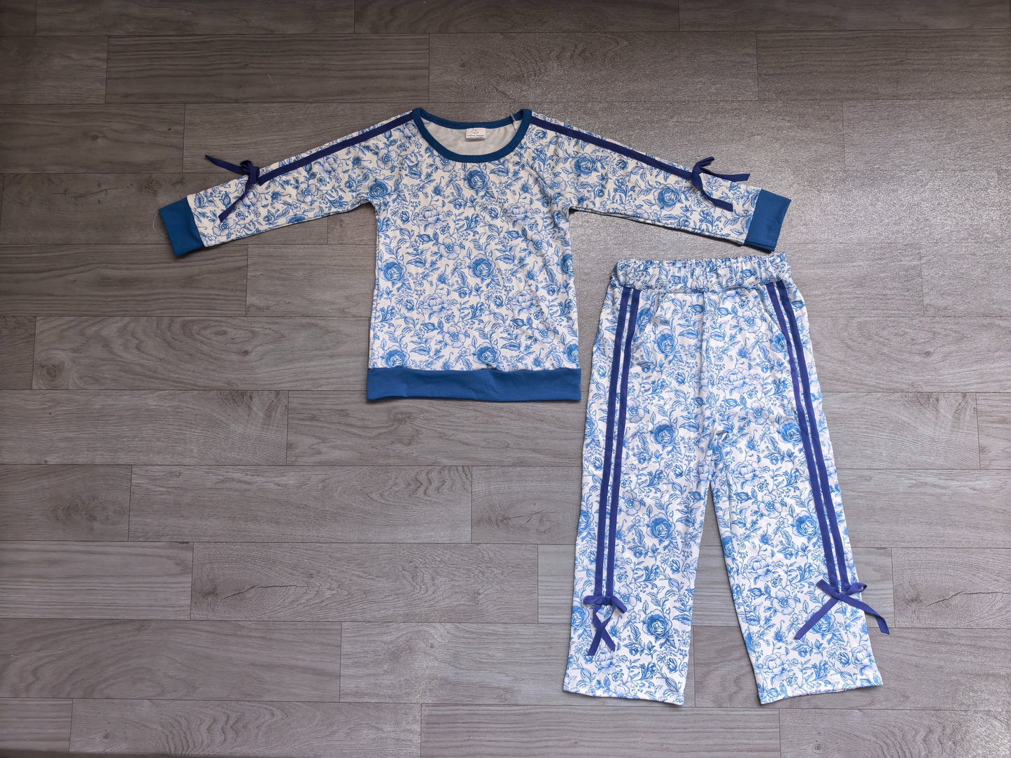 ( No moq ) Preorder Baby Girls Kids Flower Blue Bows Shirt Pockets Pants Set Clothes