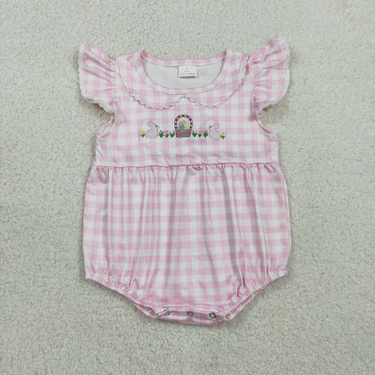 Baby Girls Short Sleeves Embroidery Rabbits Eggs Easter Pink Plaid Bubble Romper RTS