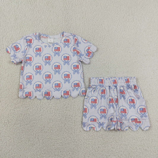 Baby Girls Bows Flags Stripes Shirt Scallop Shorts 4th of July Set Clothes RTS