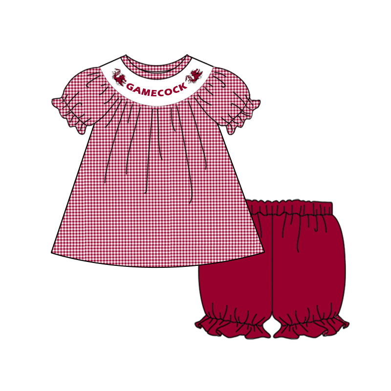 Baby Girl Short Sleeves Team Red Plaid Tunic Ruffle Short Clothes Set ( Moq 5 )