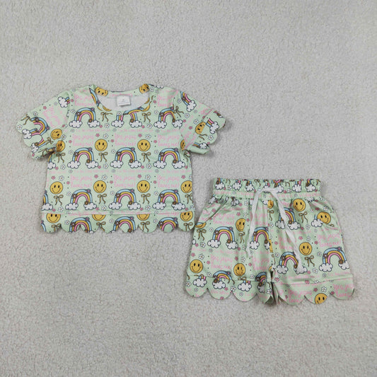 Baby Girls Toddler Short Sleeves Smile Bows Shirt Rainbow Shorts Green Set RTS