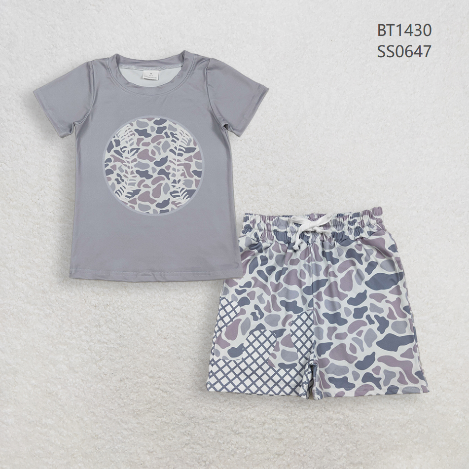 Baby Boys Kids Short Sleeves Baseball Shirt Grey Camo Plaid Pockets Shorts Summer Clothes Set RTS
