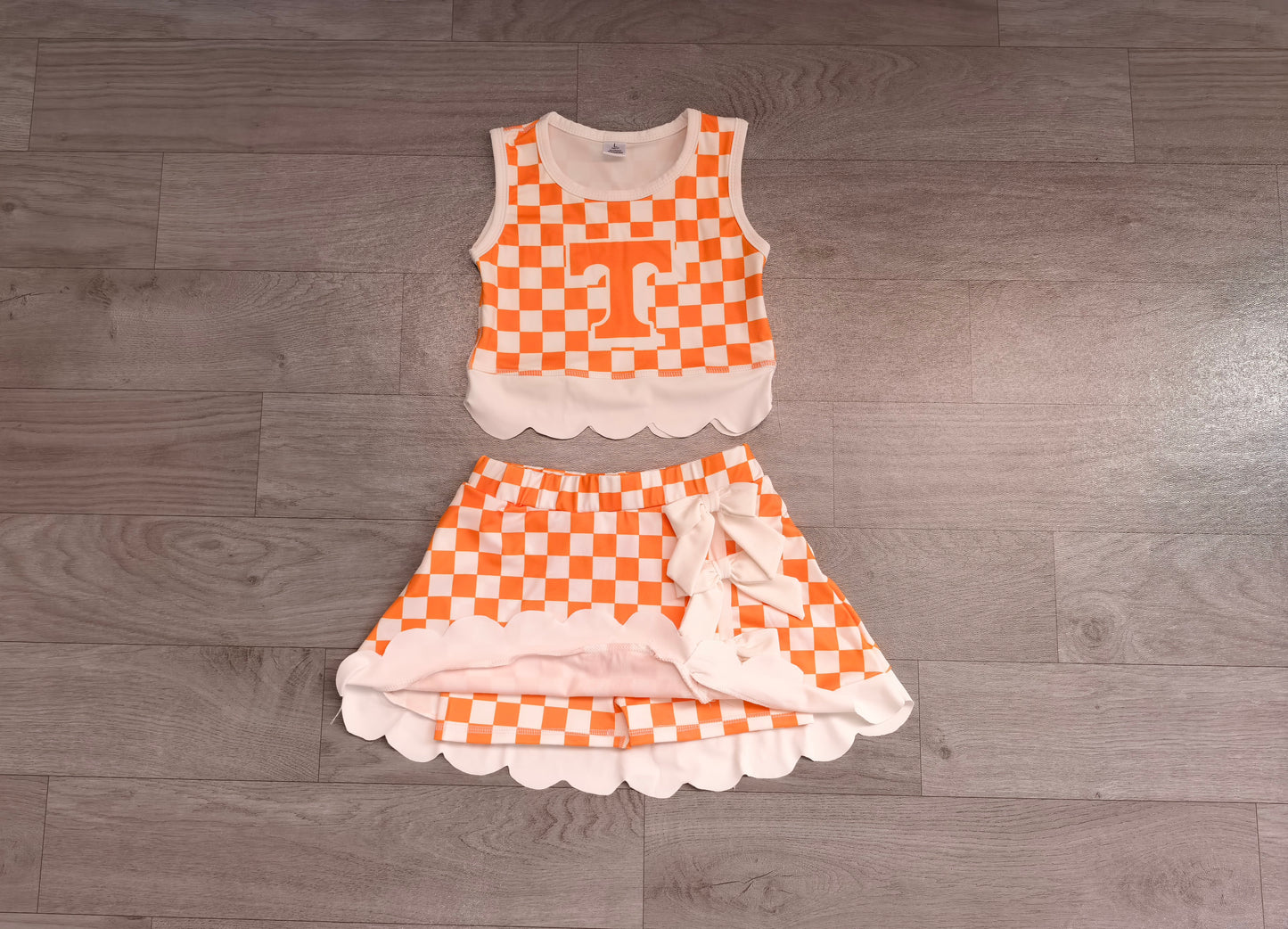 ( No moq ) Preorder Baby Girls Kids Orange Checked Shirt Scallop Bows Skirt Shorts Team Set Yoga Active Clothes